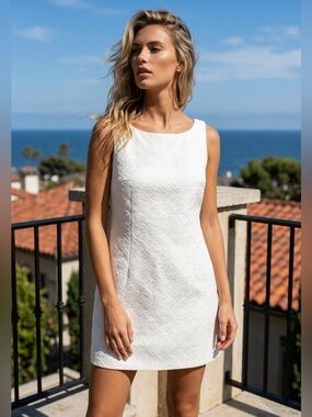 Sleeveless White Textured Shift Dress